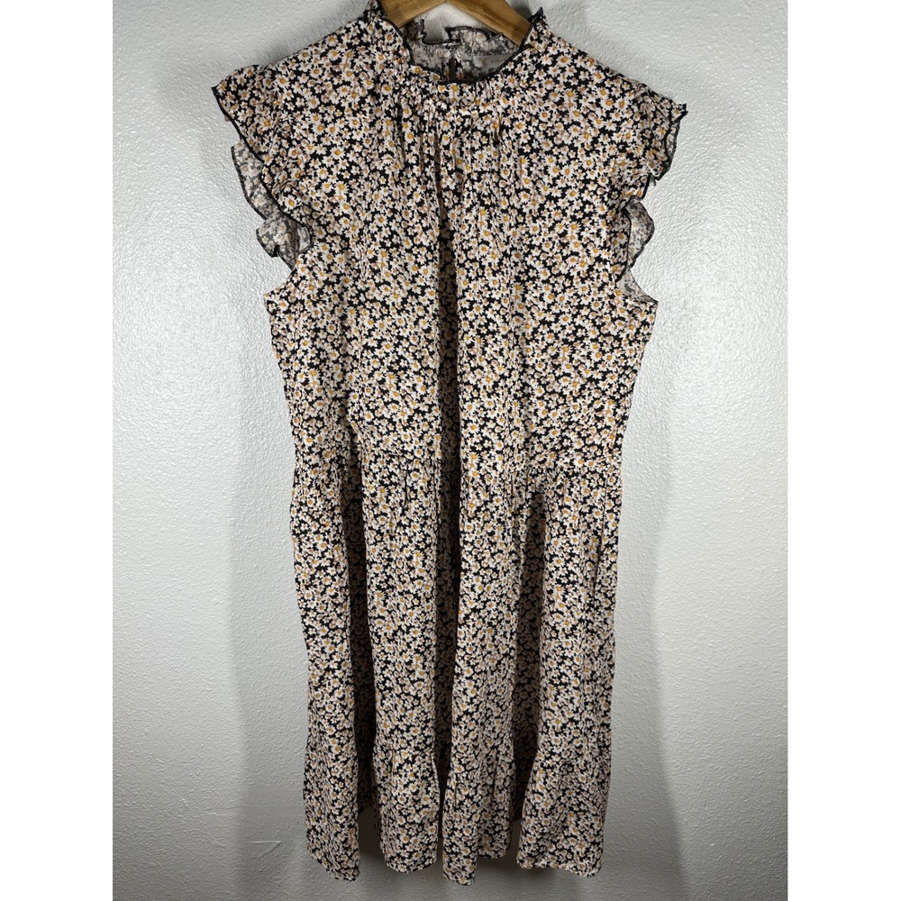 KIRUNDO Dress Womens M Black Floral Daisy Tiered Ruffle Mock Neck Mini Casual